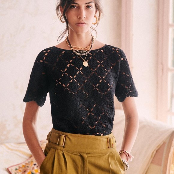 Sezane Tops - Sezane Dorine Black Crochet Cropped Top